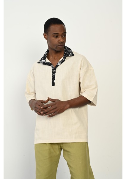 R-3953 Yarım Pat Yaka Garni Detaylı Keten Gömlek modelleri