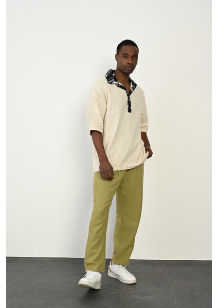 R-3953 Yarım Pat Yaka Garni Detaylı Keten Gömlek fırsatları