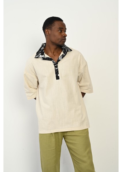 R-3953 Yarım Pat Yaka Garni Detaylı Keten Gömlek indirimleri