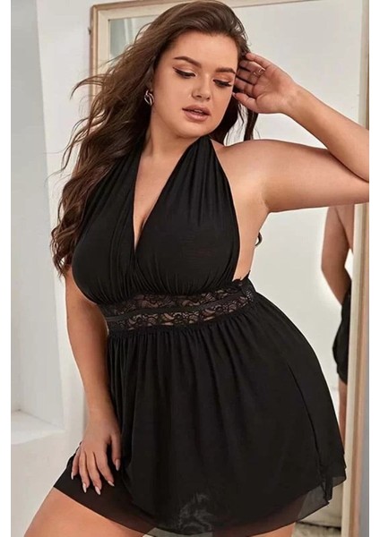 Büyük Beden Sırt Dekolteli Kadın Şık Mini Tül Gecelik