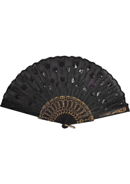 Siyah Plastik Çerçeve Nakış Çiçek Detay Katlanır El Yelpazesi (Yurt Dışından)
