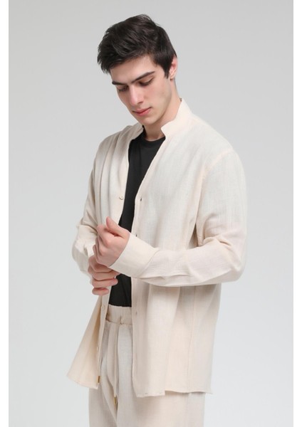 R-3608 Hakim V Yaka Uzun Kol Oversize Keten Karışımlı Gömlek