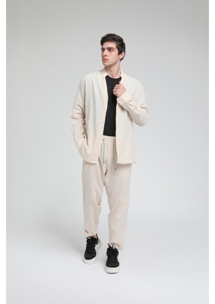 R-3608 Hakim V Yaka Uzun Kol Oversize Keten Karışımlı Gömlek