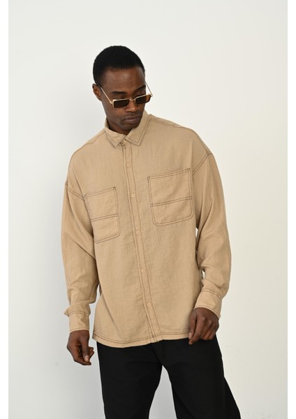 R-3965 Çift Cep Detaylı Ayaklı Yaka Uzun Kol Gömlek