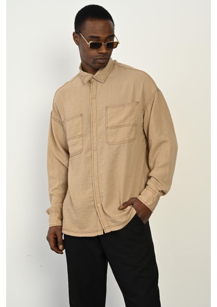 R-3965 Çift Cep Detaylı Ayaklı Yaka Uzun Kol Gömlek