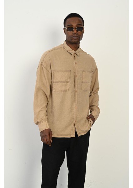 R-3965 Çift Cep Detaylı Ayaklı Yaka Uzun Kol Gömlek