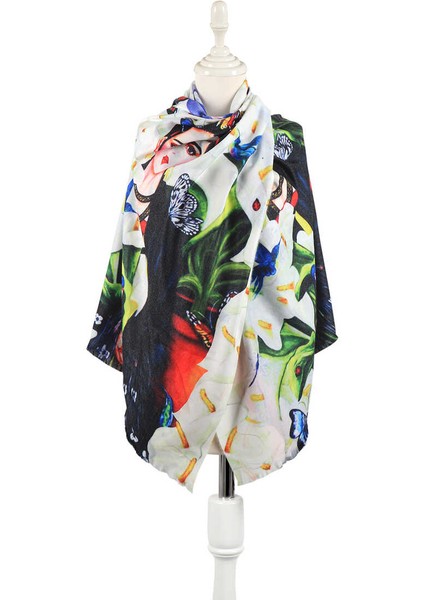 Beyaz Frida Desen Kışlık Şal