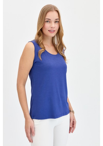 Kadın Sıfır Yaka Flamlı Kumaş Basic Askılı T-Shirt Indigo
