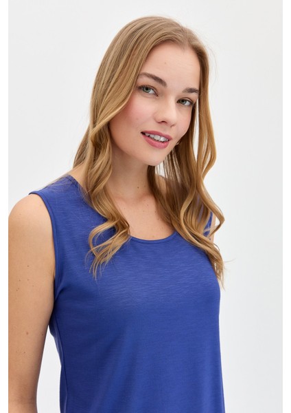 Kadın Sıfır Yaka Flamlı Kumaş Basic Askılı T-Shirt Indigo fiyatları