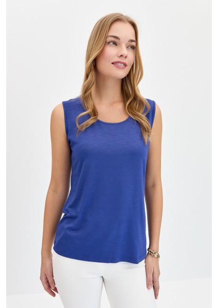 Kadın Sıfır Yaka Flamlı Kumaş Basic Askılı T-Shirt Indigo modelleri