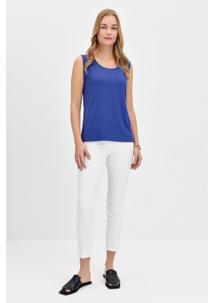 Kadın Sıfır Yaka Flamlı Kumaş Basic Askılı T-Shirt Indigo fırsatları