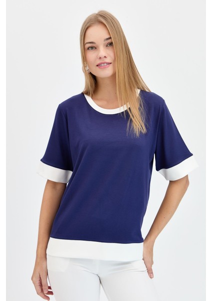 Kadın Sıfır Yaka Önü Kısa Penye T-Shirt Lacivert