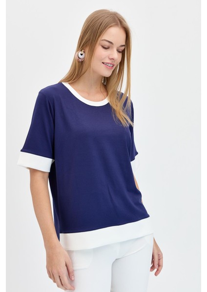 Kadın Sıfır Yaka Önü Kısa Penye T-Shirt Lacivert fırsatları