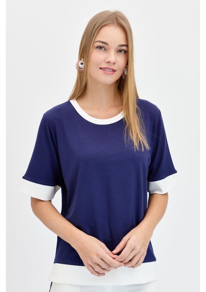 Kadın Sıfır Yaka Önü Kısa Penye T-Shirt Lacivert indirimleri