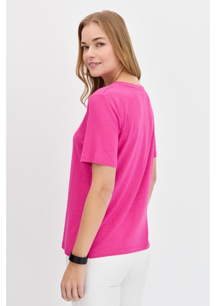 Kadın Sıfır Yaka Flamlı Kumaş Penye T-Shirt Fuşya modelleri