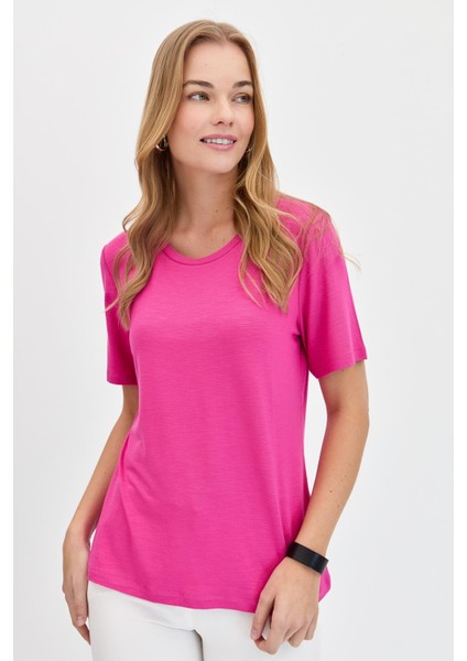 Kadın Sıfır Yaka Flamlı Kumaş Penye T-Shirt Fuşya fırsatları