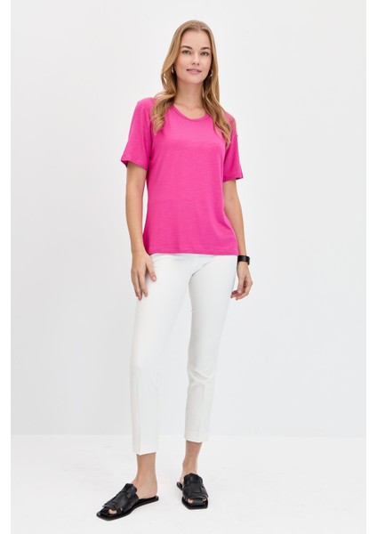 Kadın Sıfır Yaka Flamlı Kumaş Penye T-Shirt Fuşya indirimleri