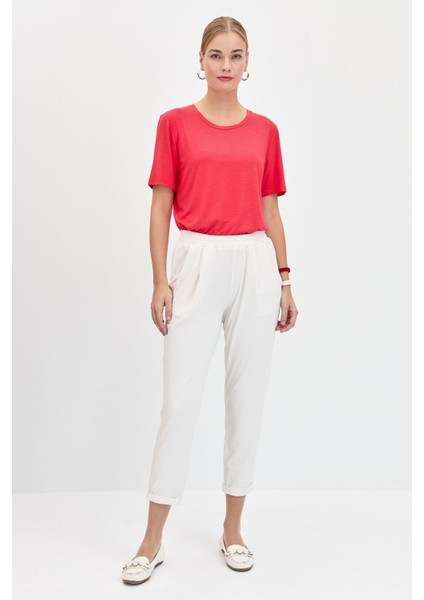 Kadın Sıfır Yaka Flamlı Kumaş Penye T-Shirt Mercan modelleri