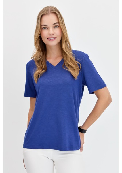 Kadın V Yaka Flamlı Kumaş Basic T-Shirt Indigo