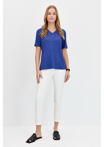 Kadın V Yaka Flamlı Kumaş Basic T-Shirt Indigo fiyatları