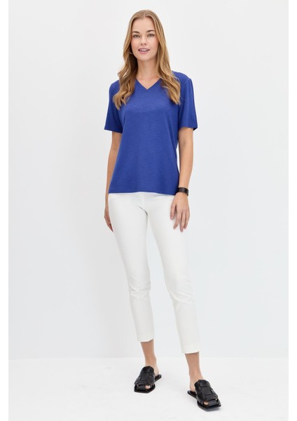 Kadın V Yaka Flamlı Kumaş Basic T-Shirt Indigo modelleri