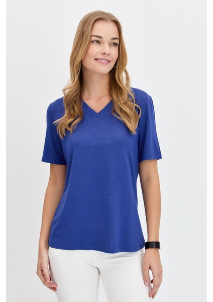 Kadın V Yaka Flamlı Kumaş Basic T-Shirt Indigo fırsatları