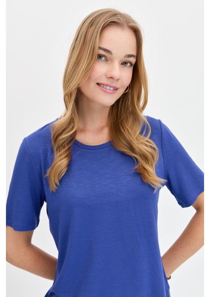 Kadın Sıfır Yaka Flamlı Kumaş Penye T-Shirt Indigo