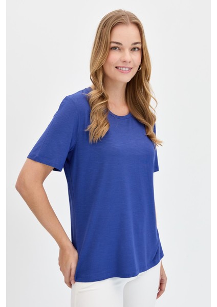 Kadın Sıfır Yaka Flamlı Kumaş Penye T-Shirt Indigo fiyatları