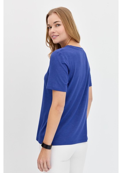 Kadın Sıfır Yaka Flamlı Kumaş Penye T-Shirt Indigo modelleri