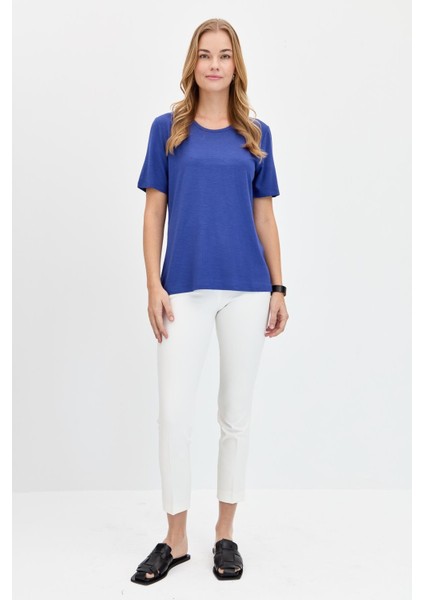 Kadın Sıfır Yaka Flamlı Kumaş Penye T-Shirt Indigo indirimleri