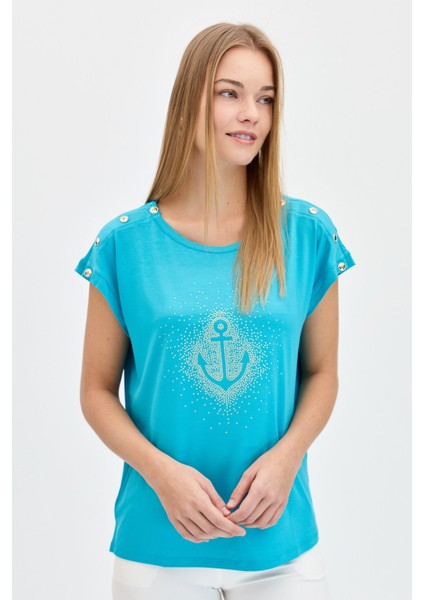Kadın Sıfır Yaka Önü Taşlı Çapalı T-Shirt Mavi modelleri