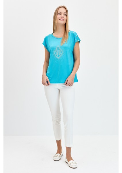 Kadın Sıfır Yaka Önü Taşlı Çapalı T-Shirt Mavi fırsatları