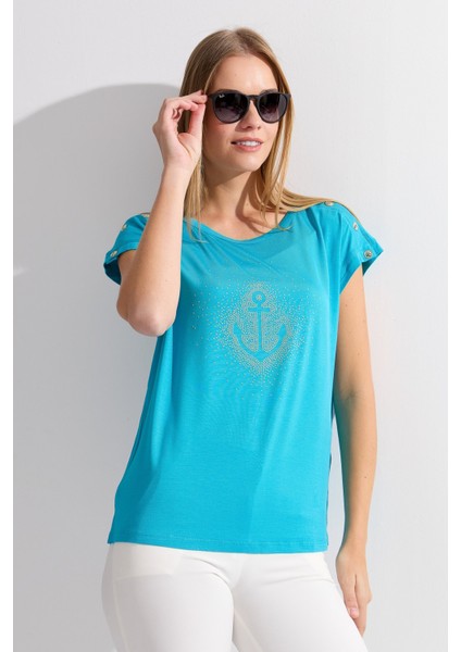 Kadın Sıfır Yaka Önü Taşlı Çapalı T-Shirt Mavi indirimleri