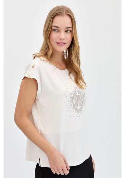 Kadın Sıfır Yaka Önü Taşlı Çapalı T-Shirt Ekru