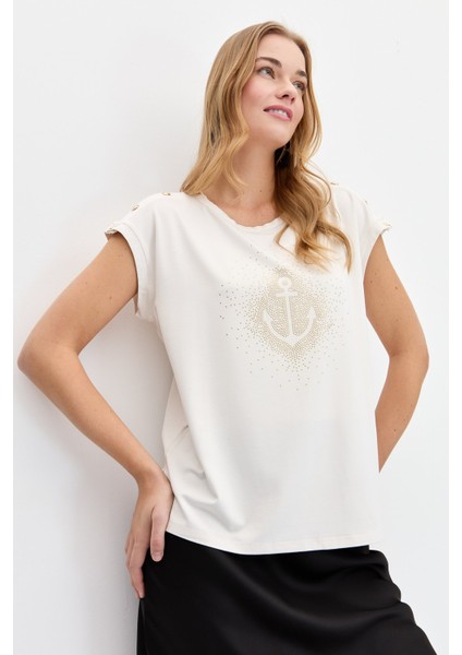 Kadın Sıfır Yaka Önü Taşlı Çapalı T-Shirt Ekru fiyatları