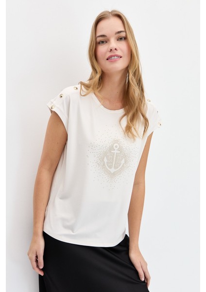 Kadın Sıfır Yaka Önü Taşlı Çapalı T-Shirt Ekru fırsatları