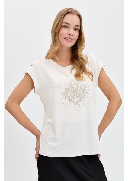 Kadın Sıfır Yaka Önü Taşlı Çapalı T-Shirt Ekru indirimleri