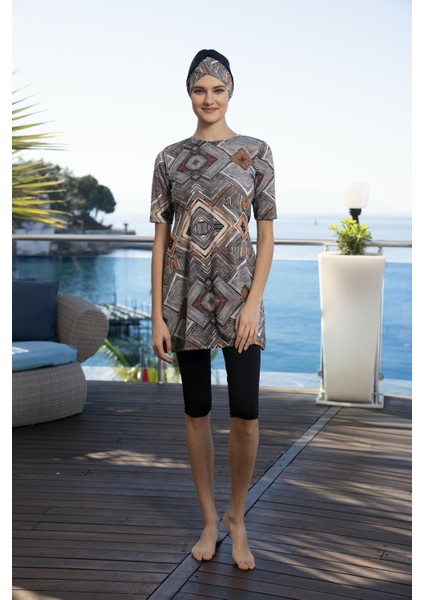 Kadın Boneli Yarım Kol Kare Desenli Taytlı Mayo Siyah