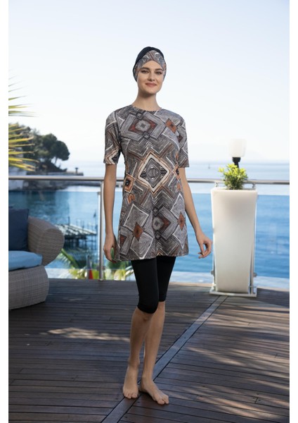 Kadın Boneli Yarım Kol Kare Desenli Taytlı Mayo Siyah indirimleri