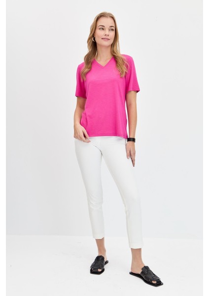 Kadın V Yaka Flamlı Kumaş Basic T-Shirt Fuşya fiyatları