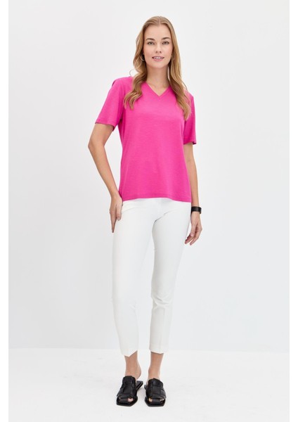 Kadın V Yaka Flamlı Kumaş Basic T-Shirt Fuşya modelleri
