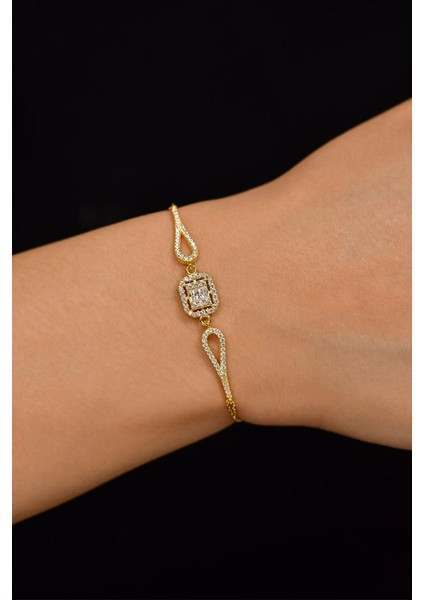 Zirkon Taşlı Gold 3 Sıra Baget Gümüş Bileklik