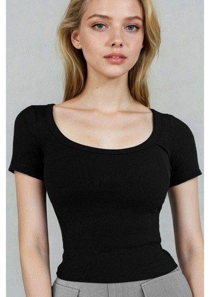 Kadın Siyah U Yaka Kısa Kollu Fitilli Kaşkorse Bluz Body modelleri