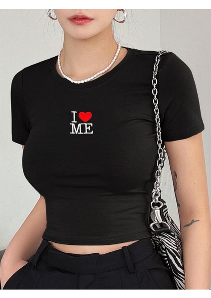 I Love Me Kalp Nakışlı Kısa Kol Kadın Siyah Bisiklet Yaka Likralı Body Crop Bluz