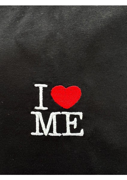 I Love Me Kalp Nakışlı Kısa Kol Kadın Siyah Bisiklet Yaka Likralı Body Crop Bluz modelleri