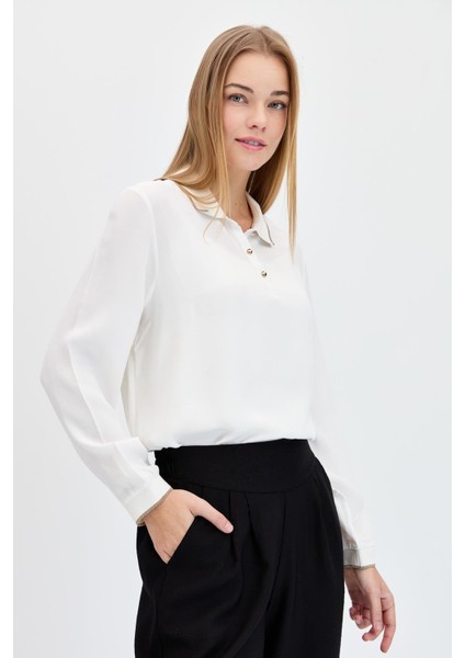 Kadın Polo Yaka Uzun Kollu Gömlek Ekru