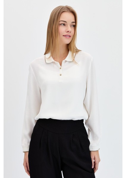 Kadın Polo Yaka Uzun Kollu Gömlek Ekru fiyatları