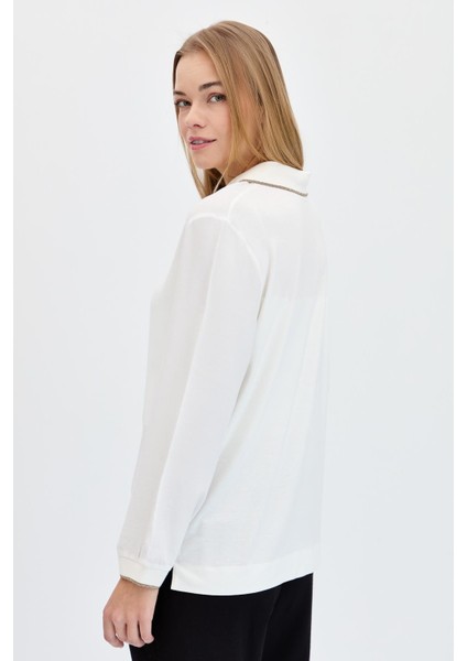 Kadın Polo Yaka Uzun Kollu Gömlek Ekru fırsatları
