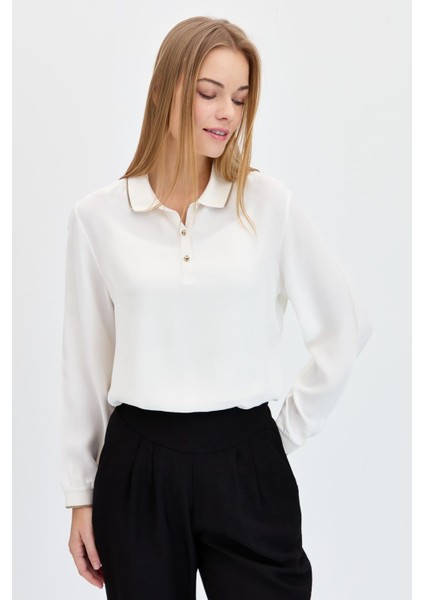 Kadın Polo Yaka Uzun Kollu Gömlek Ekru indirimleri