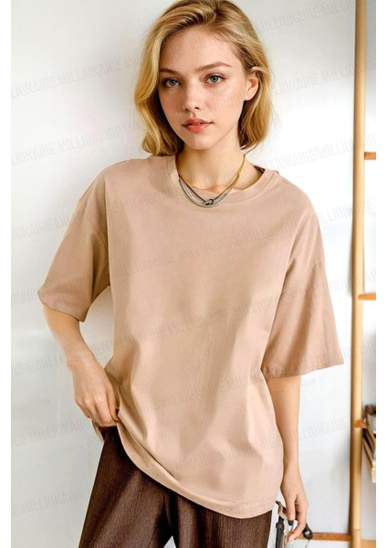 Kadın Camel Basic Düz Baskısız Oversize Salas Boyfriend T-Shirt
